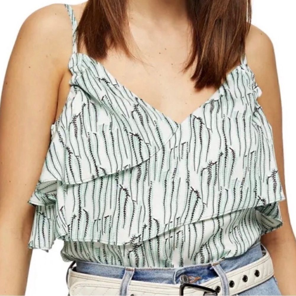 Topshop Idol Green/White Tiered Ruffle Cami Sz 12
